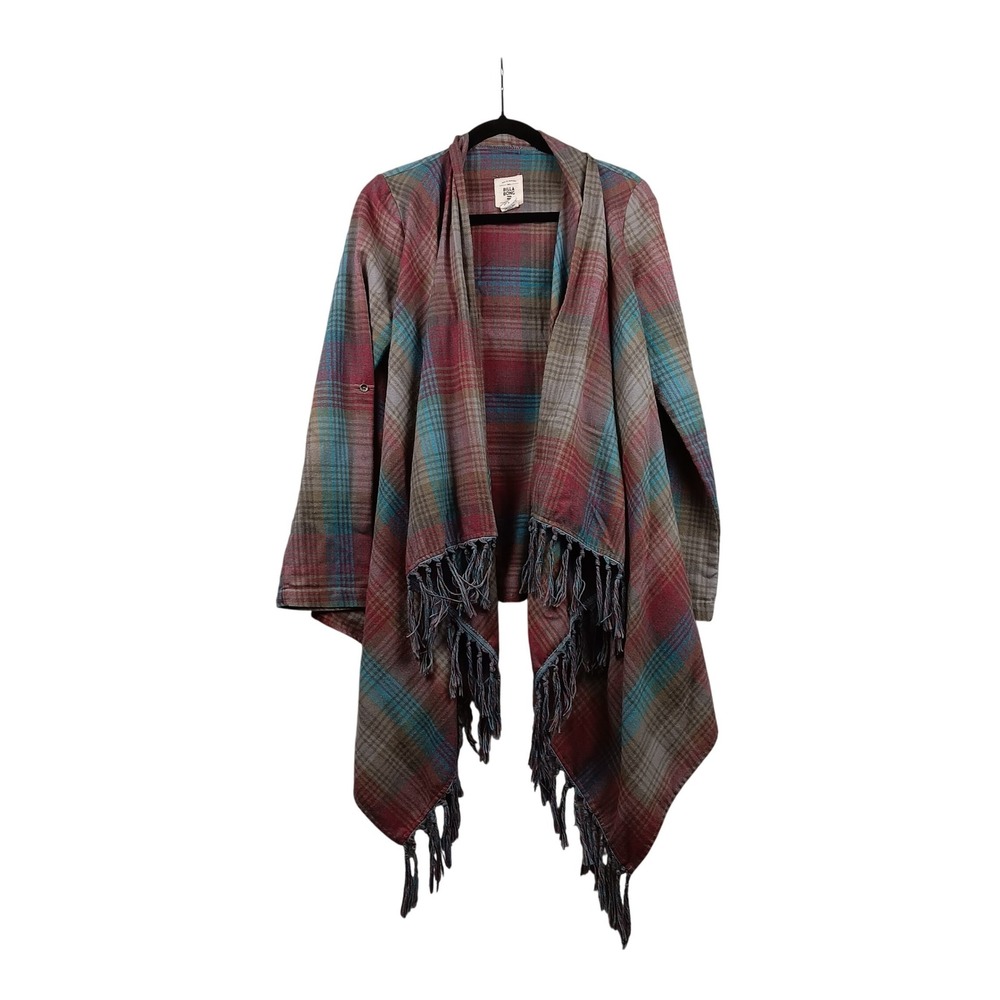 Billabong Plaid Open Front Cardigan Wrap Fringe Women‎ M